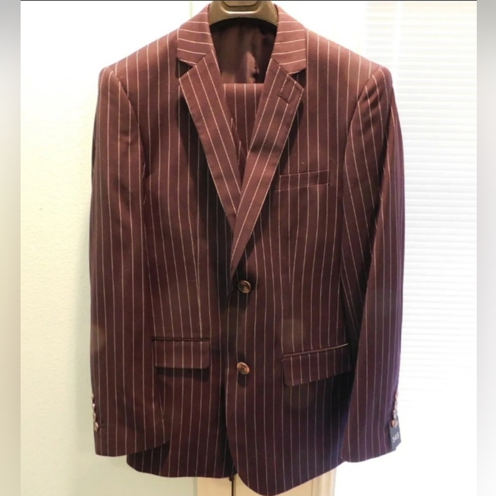 New 34S/28W Alain Dupetit Burgundy Pinstrip 3 Piece Mens Suit